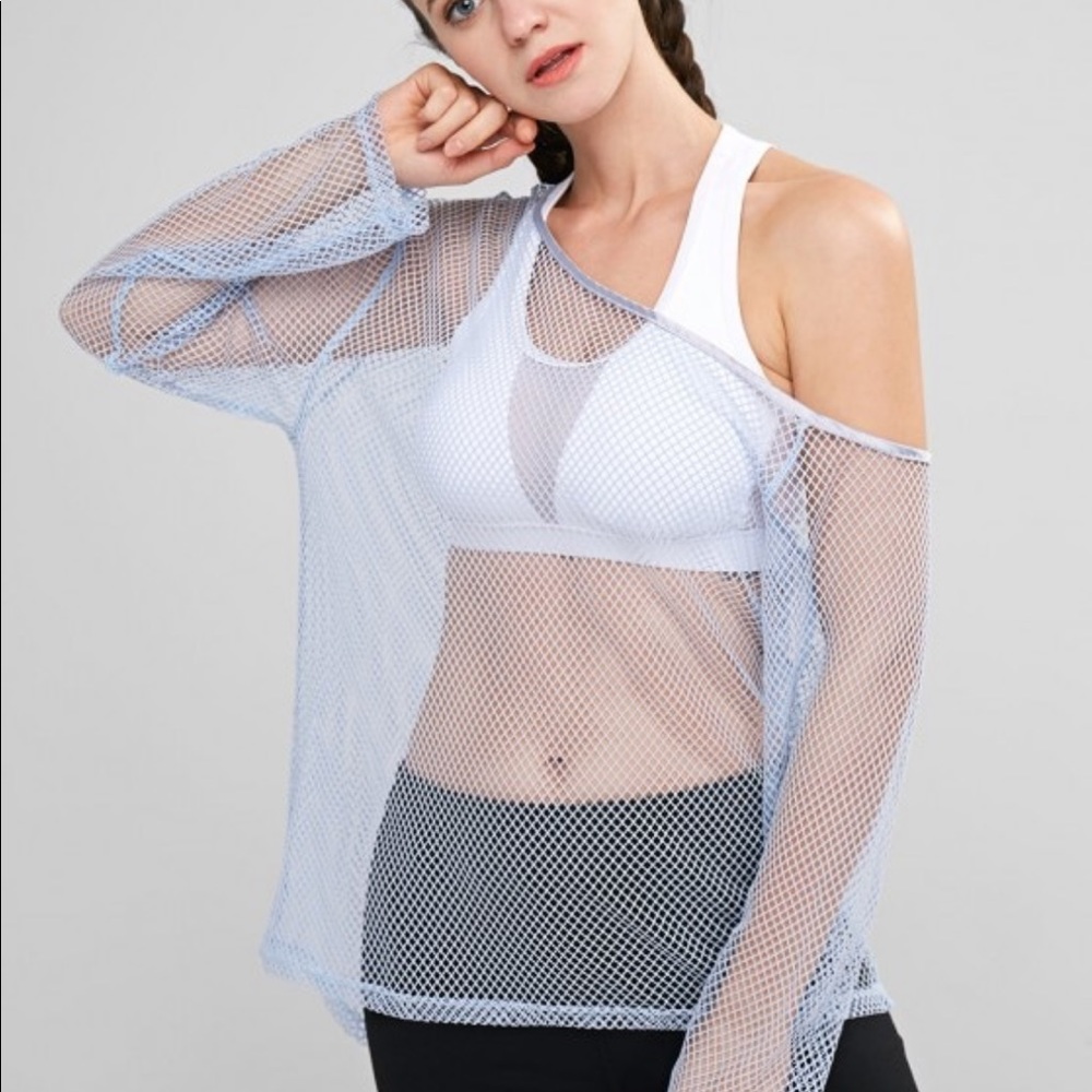 Zaful Blue Fishnet Top NWT Small Long Sleeve Coverup Sheer Brand New babyblue